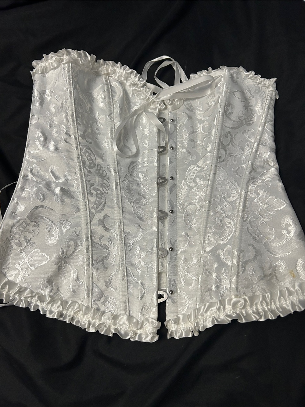 White Satin Brocade Corset Top with Ruffle Trim